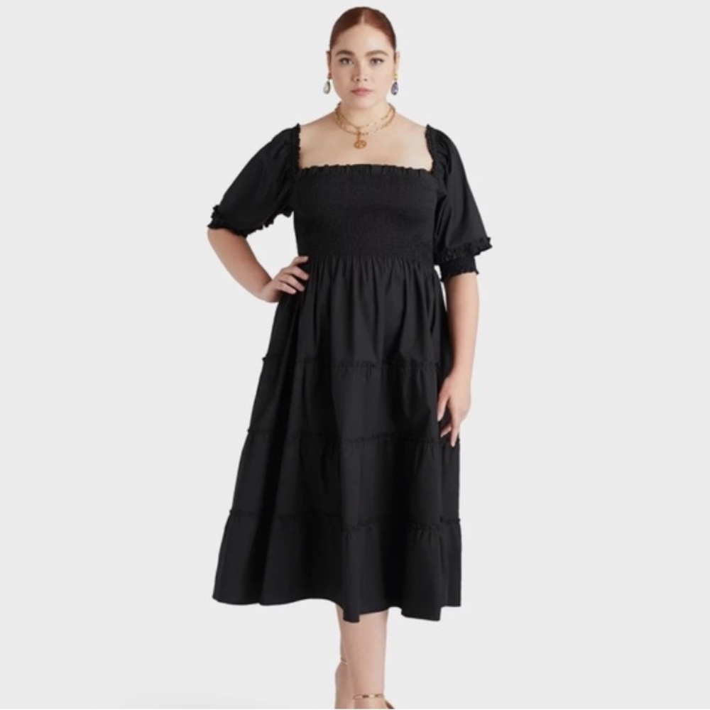 Hill House Black Midi Smocked Bodice Puff Sleeve Dress - Picture 2 of 4